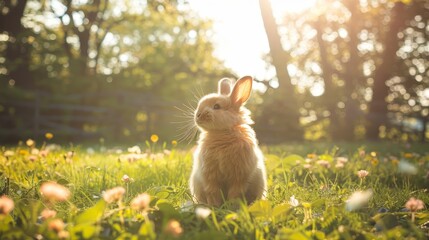  A rabbit in a field of grass dotted with flowers; sun filters through background trees