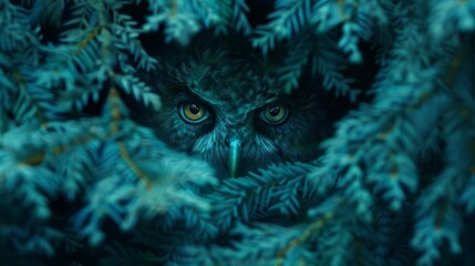 Poster -  A tight shot of an owl's face peeking through pine tree branches, adorned with green foliage in the front