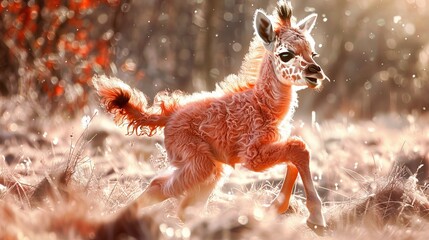 Wall Mural -  A baby giraffe gallops through a tall grass field, trees loom in the backdrop, snowflakes dance softly