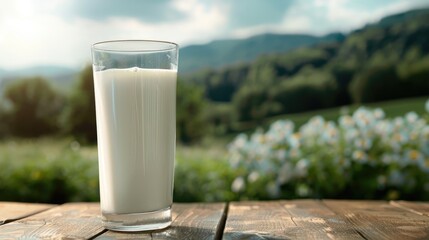Wall Mural - Celebrate World Milk Day with a close up view of a refreshing glass of white milk resting on a wooden desk against a picturesque nature backdrop Embrace the essence of this dairy product con