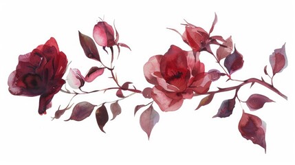 Wall Mural - Burgundy flower watercolors with delicate leafy buds are captured in this floral illustration perfect for creating botanical themed wedding or greeting cards A branch of abstract roses adds