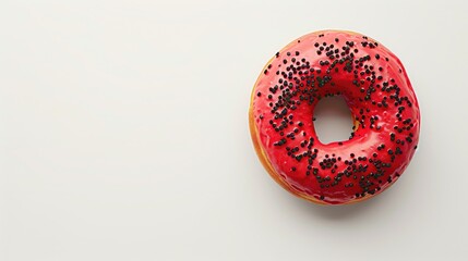 Wall Mural - A vibrant red donut adorned with striking black sprinkles stands out against a pristine white backdrop