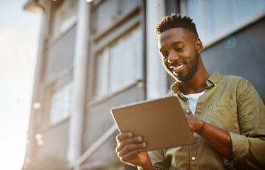 Poster - Outdoor, tablet and black man with email, reading and communication with company, notification and online. Remote work, digital and smile for project, happiness and person in city of Atlanta