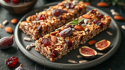 Wall Mural - An easy, healthy snack recipe of homemade granola bars made with figs, oatmeal, almond, cranberries, chia seeds and sunflower seeds