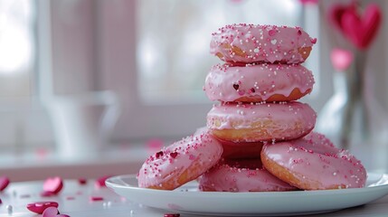 Wall Mural - A stack of pink doughnuts sits temptingly on the plate embodying the essence of Valentine s Day