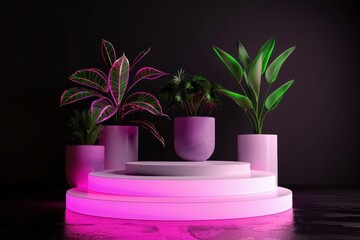 Poster - A display of three potted plants on a white pedestal with a pink background