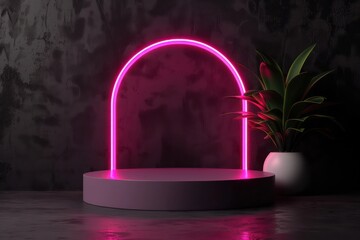 Poster - A neon pink archway is lit up against a dark background