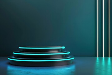 Poster - A three-tiered display with neon lights is set against a blue background