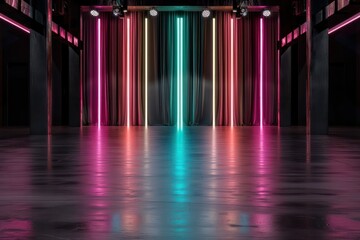 Poster - A neon lit room with a long strip of curtains