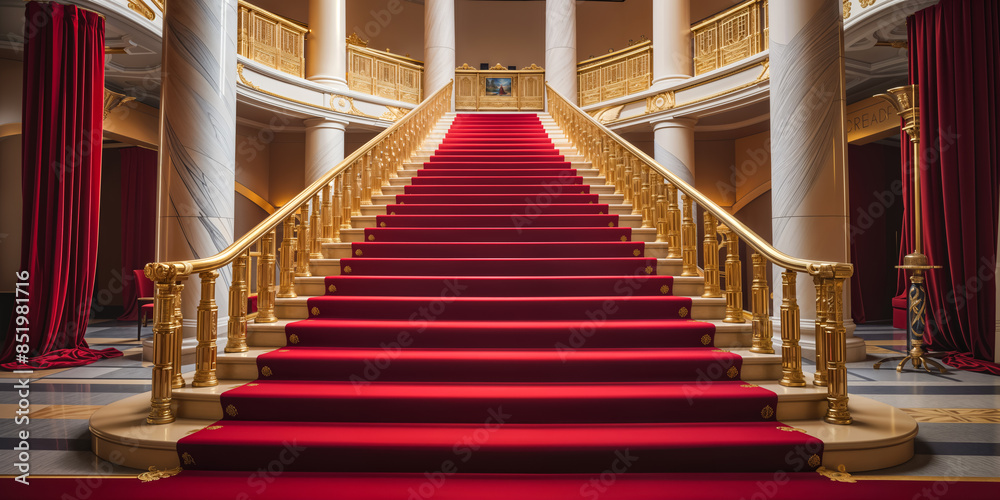 Grand Staircase with Red Carpet Runner and Gold Railings in a Historic ...