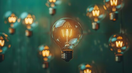 Creative light bulb lights up other extinguished light bulbs on a dark green background, concept. Leadership, creative idea. Think differently. Start up