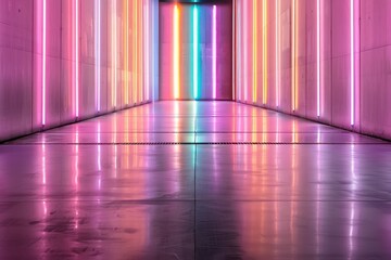 Poster - A long hallway with neon lights that are in different colors