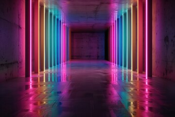 Poster - A long, brightly lit hallway with neon lights