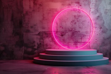 Poster - A pink neon light circle is on a stage