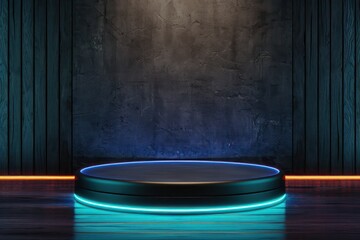 Poster - A black and blue stage with neon lights