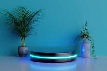 Poster - A blue wall with a green plant and a black and white object