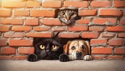 Two cats and One dog peeking through brick wall holes - A domestic scene featuring two curious cats peeking from separate gaps in a red brick wall, evoking playfulness and curiosity