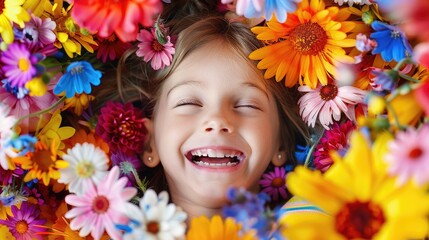 Wall Mural - A young girl is beaming with a smile surrounded by vibrant flowers. The colorful petals cascade around her, creating a beautiful botanical scene perfect for a photograph AIG50