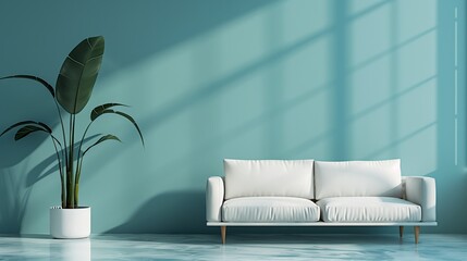 White sofa or couch with side tables on a solid blue background, banner size, fresh and calm interior
