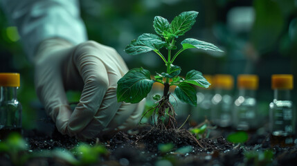 Wall Mural - Close up of biologist's hand with protective gloves holding young plant with root above petri dish with soil. Microscope in background. Biotechnology, plant care and protection concept