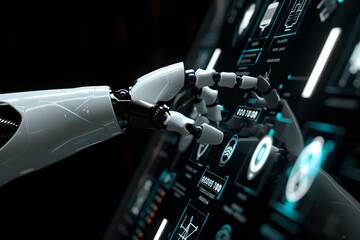 Poster - Humanoid robot hand interacting with digital screen. Future robotic and cybernetic concept. Futuristic artificial intelligence technology and robotization. 