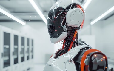 Poster - Humanoid robot in modern laboratory background. Future robotic and cybernetic concept. Futuristic artificial intelligence technology and robotization. 