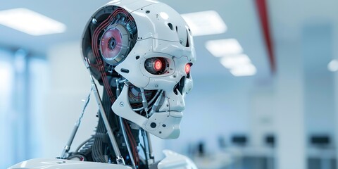Poster - Humanoid robot in modern laboratory background. Future robotic and cybernetic concept. Futuristic artificial intelligence technology and robotization. Banner with copy space