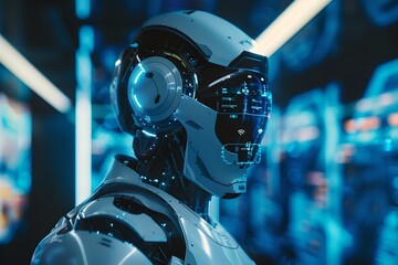 Poster - Robot on command center background with digital elements. Future robotic and cybernetic concept. Futuristic artificial intelligence technology and robotization. 