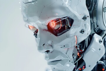 Poster - Close-up of humanoid robot with red eyes on white background. Future robotic and cybernetic concept. Futuristic artificial intelligence technology and robotization. 