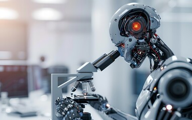 Poster - humanoid robot using microscope in modern laboratory. future robotic and cybernetic concept. futuris