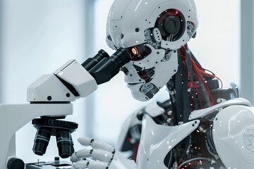 Poster - Humanoid robot using microscope in modern laboratory. Future robotic and cybernetic concept. Futuristic artificial intelligence technology and robotization. Close-up shot