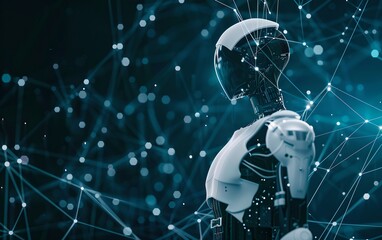 Poster - Sleek robot with digital connections network on dark background. Future robotic and cybernetic concept. Futuristic artificial intelligence technology and robotization. Banner with copy space