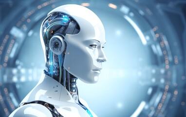 Poster - Humanoid robot on digital elements interface background. Future robotic and cybernetic concept. Futuristic artificial intelligence technology and robotization. Banner with copy space