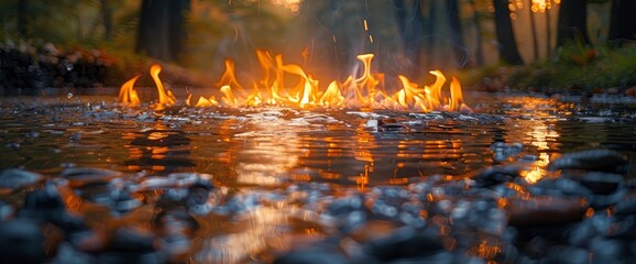 Wall Mural - A Beautiful Collage Captured Campfires With Reflections In Water, Reflecting The Serene And Picturesque Moments