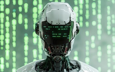 Poster - Advanced robot with digital binary code background. Future robotic and cybernetic concept. Futuristic artificial intelligence technology and robotization. 