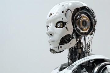 Poster - Humanoid robot with mechanical details on white background. Future robotic and cybernetic concept. Futuristic artificial intelligence technology and robotization. Banner with copy space