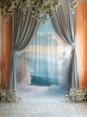 Wall Mural - Wide photography backdrop with grey curtains, pastel colors, misty landscape with white flowers and trees