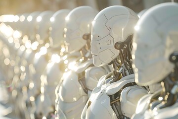 Poster - Group of advanced sleek robots on bright background. Future robotic and cybernetic concept. Futuristic artificial intelligence technology and robotization. 