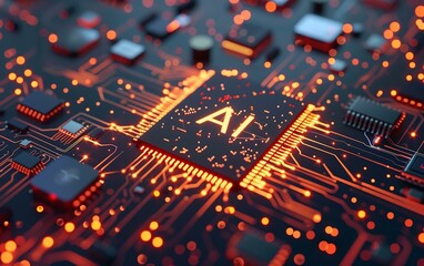 Poster - Close-up 3D rendering of a glowing AI chip with intricate circuit patterns and orange light effects, symbolizing advanced technology and artificial intelligence integration.