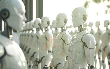 Poster - Group of humanoid robots in bright hall. Future robotic and cybernetic concept. Futuristic artificial intelligence technology and robotization. 