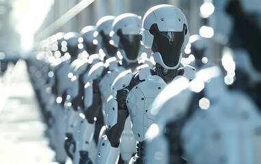 Poster - Group of humanoid robots on a city street. Future robotic and cybernetic concept. Futuristic artificial intelligence technology and robotization. 
