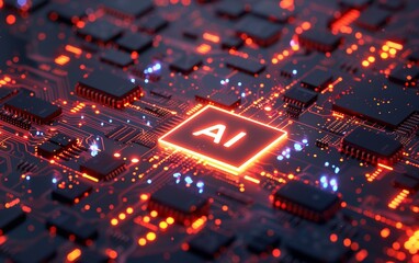 Poster - closeup view of a circuit board with a glowing 'AI' text on a central chip, depicting advanced artificial intelligence technology integrated within electronic circuitry.