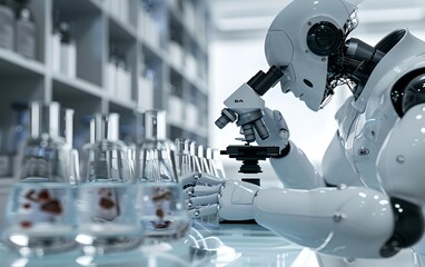 Poster - humanoid robot using microscope in modern laboratory. future robotic and cybernetic concept. futuris