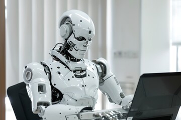 Poster - Humanoid robot working on laptop in bright modern office. Future robotic and cybernetic concept. Futuristic artificial intelligence technology and robotization. 