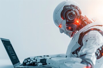 Poster - humanoid robot working on laptop on white background. future robotic and cybernetic concept. futuris