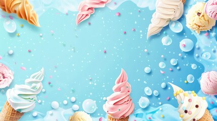 Delicious ice cream in a waffle cone on a blue background. Summer sweetness.