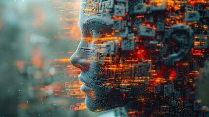 Poster - Collage of human head, digits and various abstract elements on the subject of artificial intelligence, modern science, computer technology and human and artificial mind