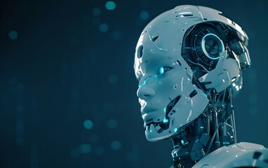 Poster - Humanoid robot with digital dark background. Future robotic and cybernetic concept. Futuristic artificial intelligence technology and robotization. Banner with copy space. Close-up shot