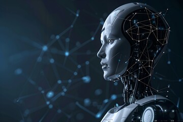 Poster - Humanoid robot with digital connections network on dark background. Future robotic and cybernetic concept. Futuristic artificial intelligence technology and robotization. Banner with copy space