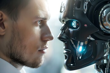 Poster - Connection between man and humanoid robot. Close-up shot. Future robotic and cybernetic concept. Futuristic artificial intelligence technology and robotization. 